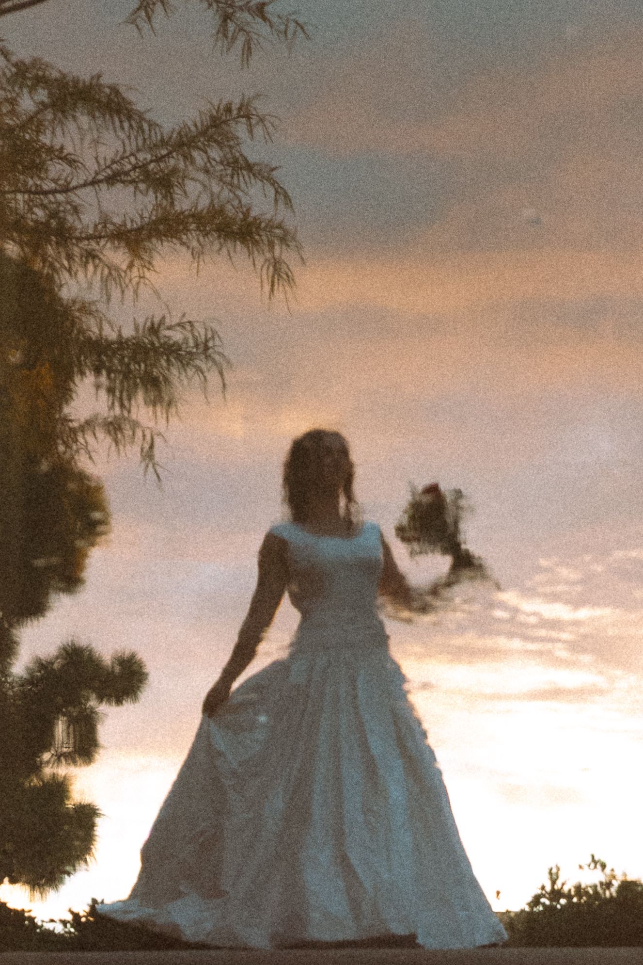 A silhouetted figure in a full white dress against a sunset sky with trees.
