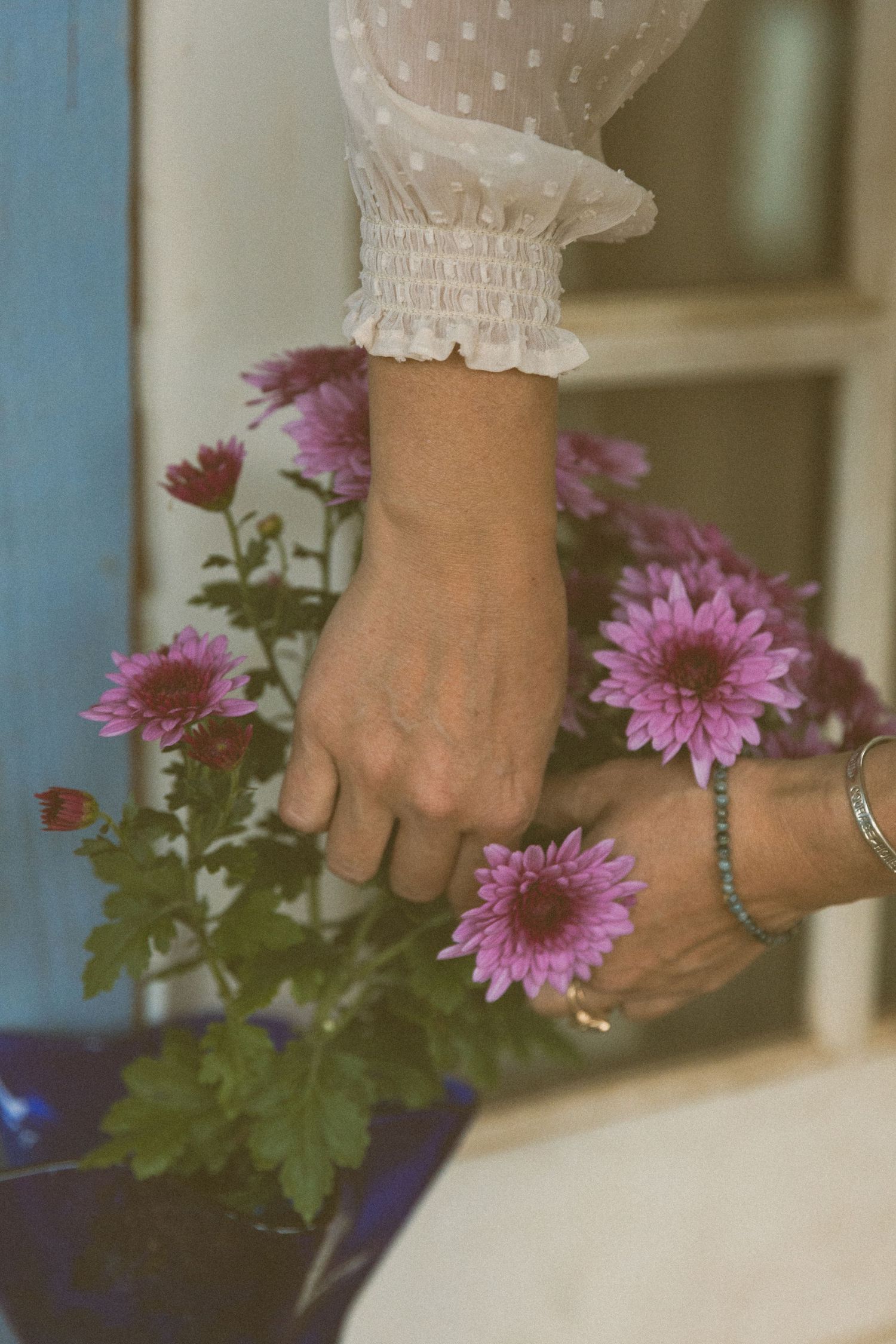 Close-up of hands arranging purple chrysanthemums near a blue-trimmed window.