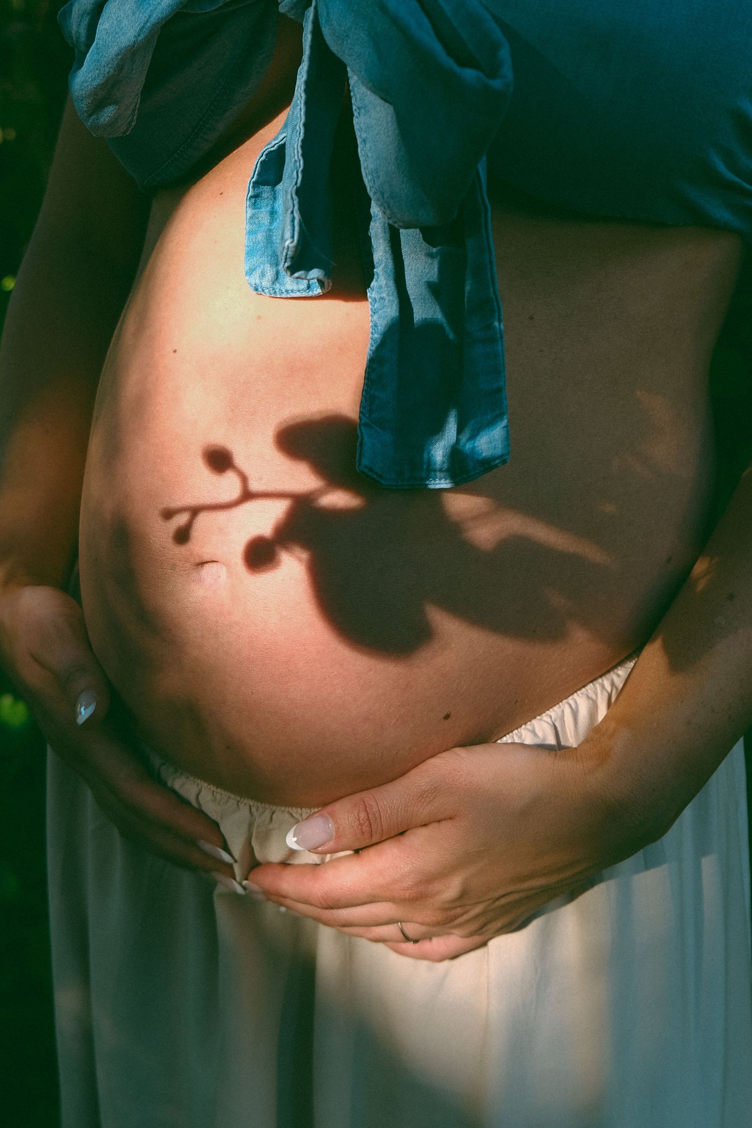 Artistic maternity photo showing flower shadow cast on pregnant belly in dramatic lighting.