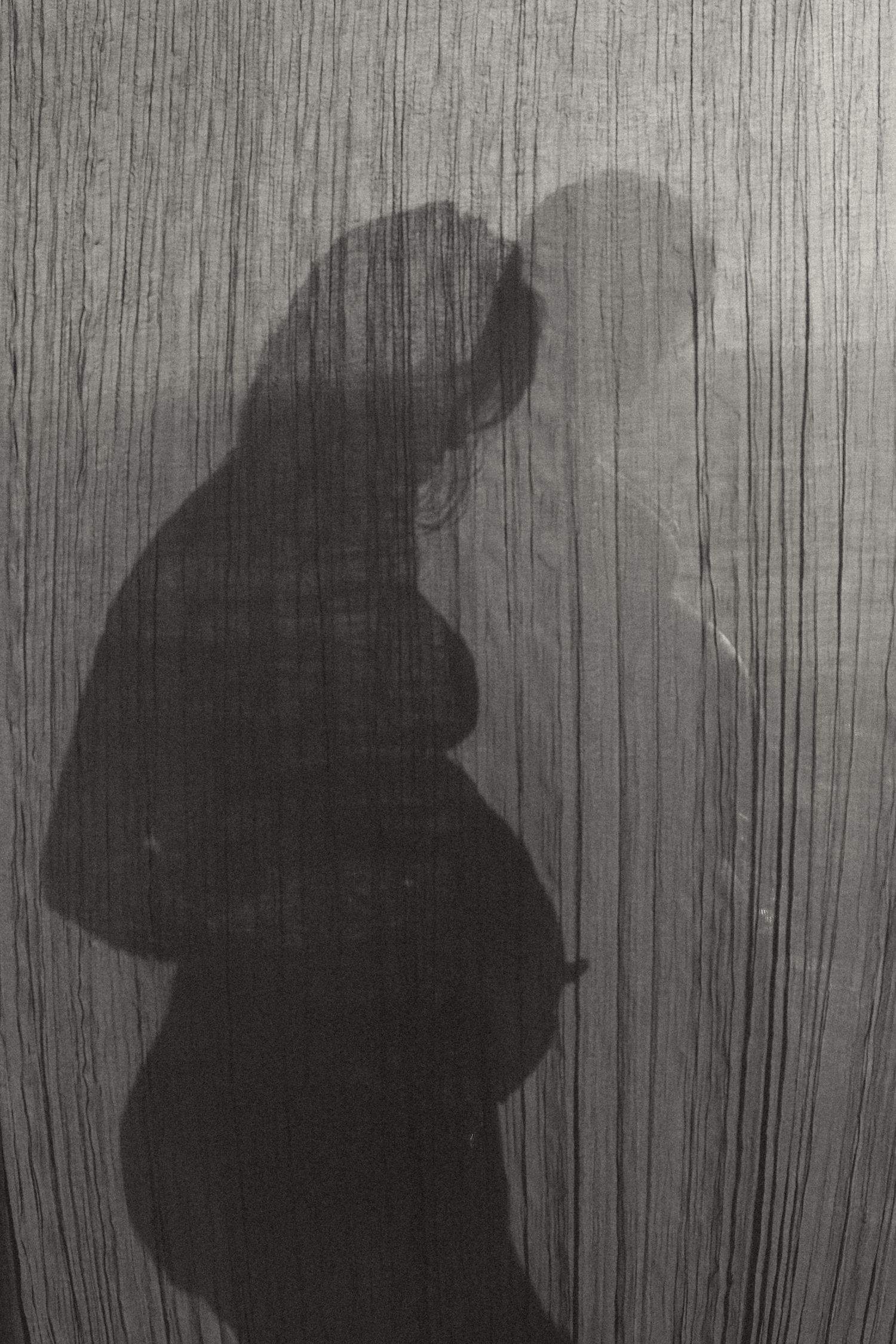 A silhouette of an expectant mother against a textured curtain backdrop.