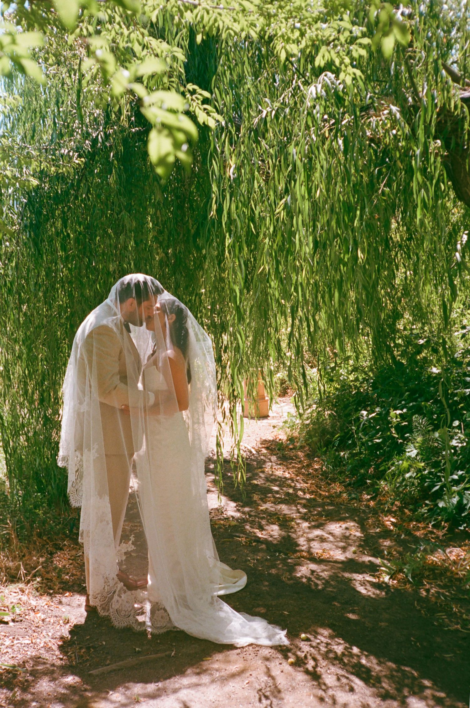 Bride and groom kissing under her veil in a garden, romantic wedding photography in Sothern California