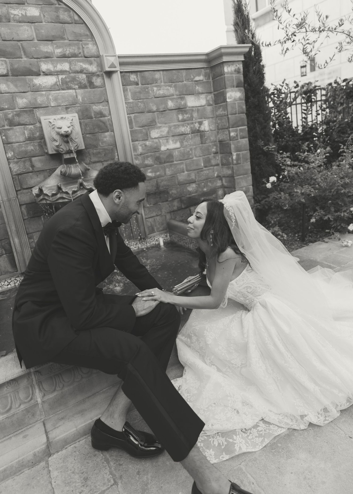 Black and white bride and groom portrait, romantic wedding photos captured in Southern California