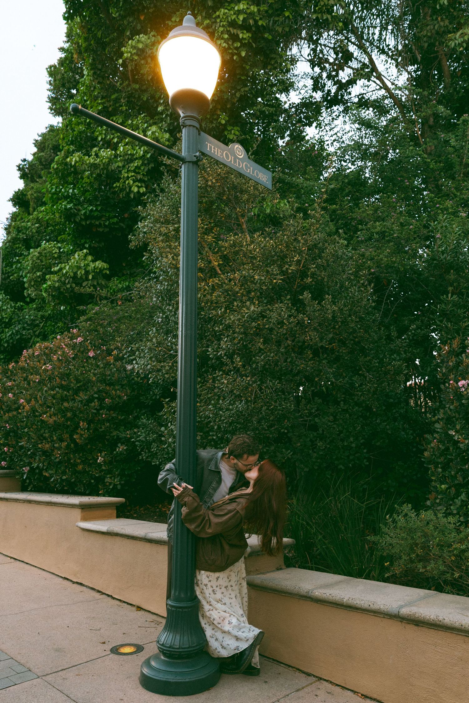 Romantic evening scene with vintage-style lamp post and greenery.