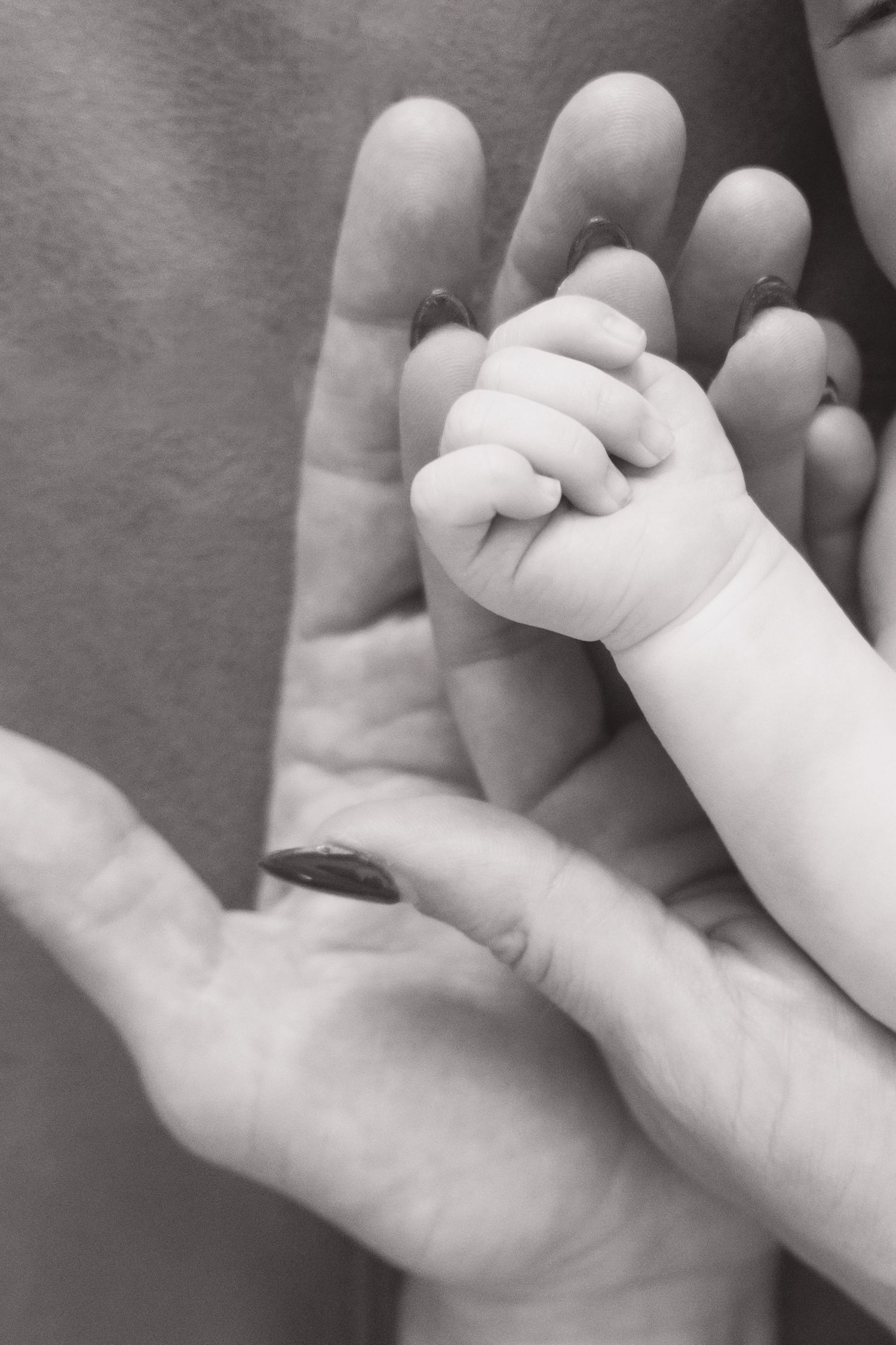 Close-up black and white sequence of tiny baby fingers grasping an adult's hand.