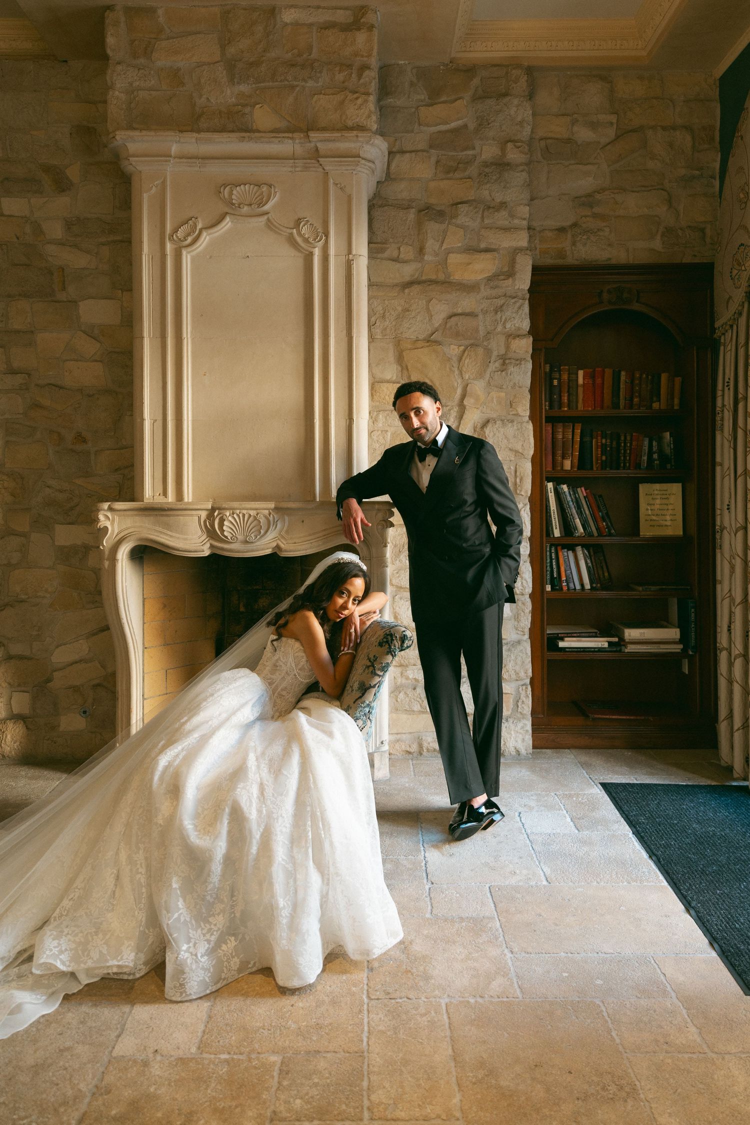 Bride and Groom posing inside their wedding venue, timeless Southern California wedding photography