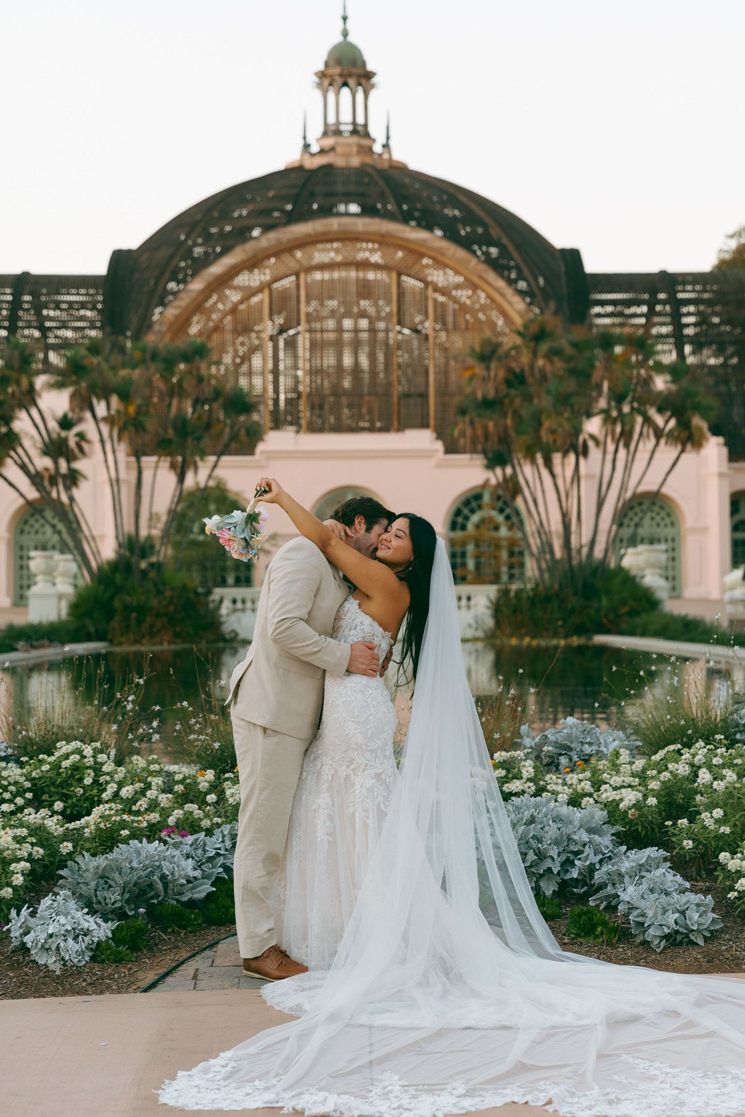 Elegant Balboa park wedding portraits featuring romantic couple, historic architecture and timeless San Diego wedding photography