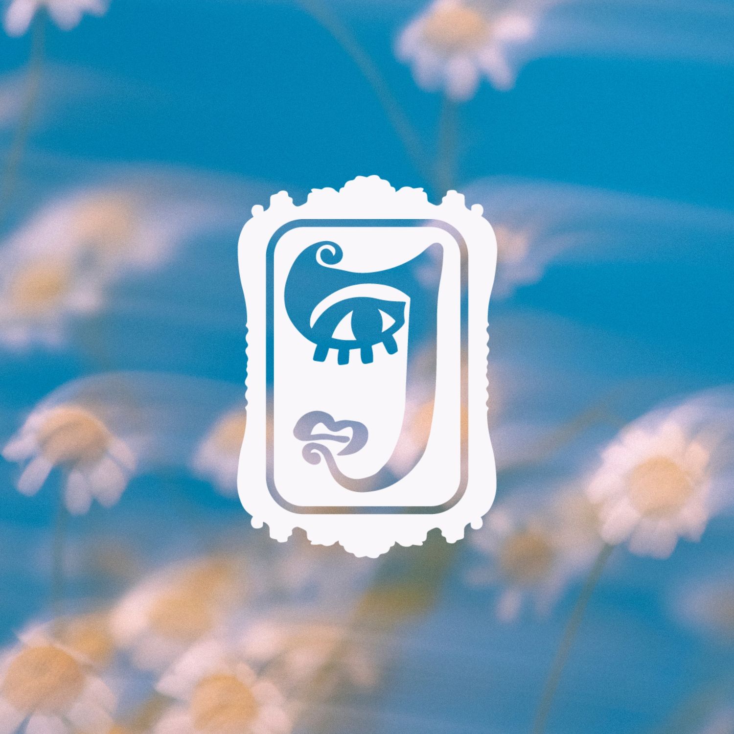A decorative stamp logo with an eye and letter J design on a blurred blue floral background.