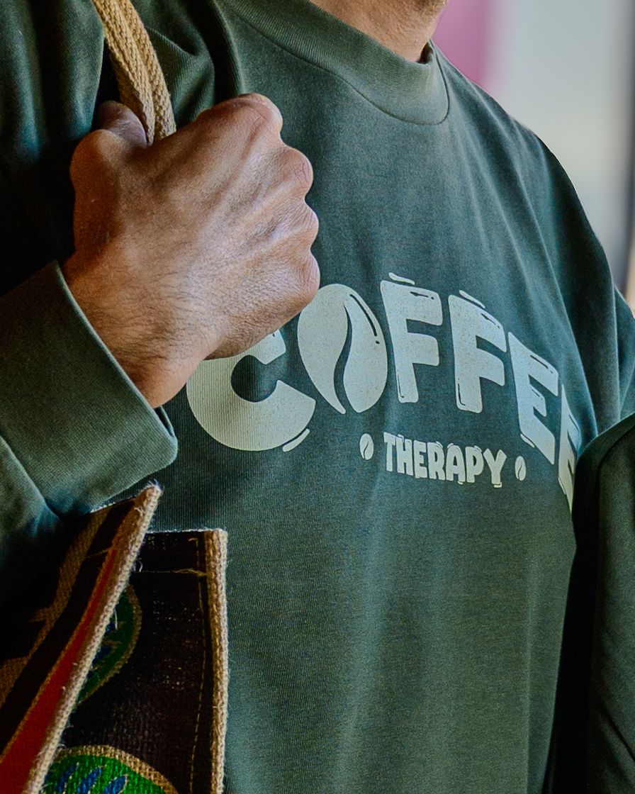 Person wearing a green t-shirt with 'THERAPY & COFFEE' text visible in multiple cropped views.