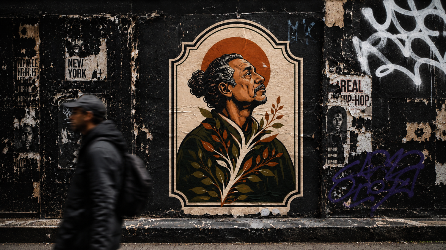 Street art mural of a man with plants on a graffiti-covered wall, with a person walking past in New York.