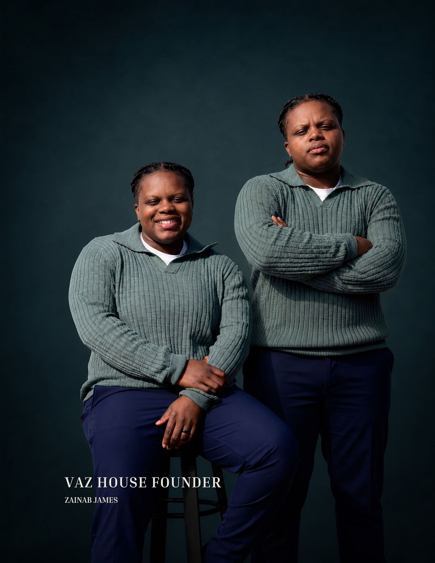 Two people in matching green sweaters and navy pants pose for a portrait, labeled Vaz House Founder Zainab James.