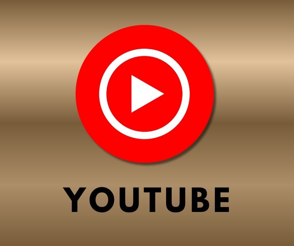 Red YouTube play button icon on metallic gold gradient background with black text logo beneath.