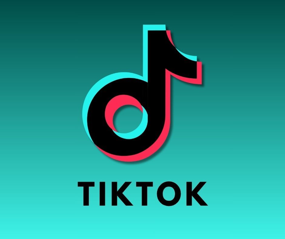 TikTok logo featuring a black musical note symbol with turquoise and coral glitch effect on gradient background.