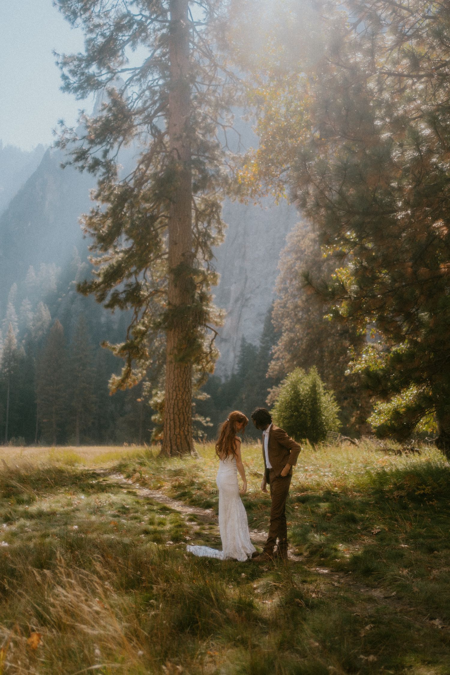 Two individuals stand together in a sunlit mountain meadow surrounded by tall pine trees and majestic cliffs.