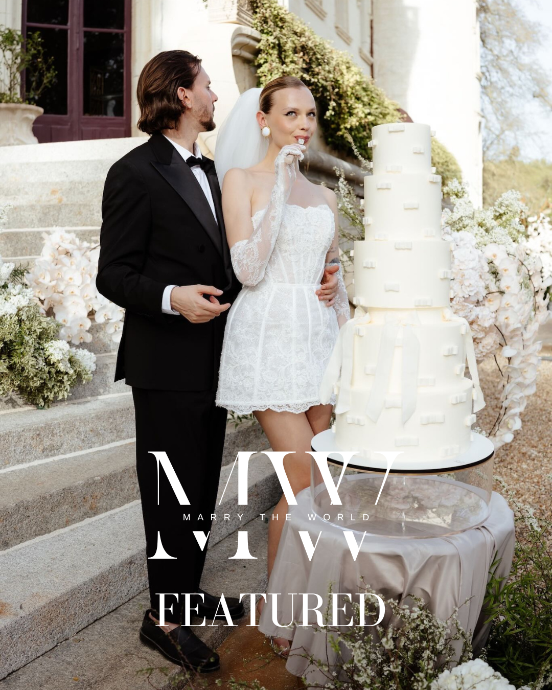 A series of wedding photos displayed in sequence showing intimate moments between a couple at a stone building venue.