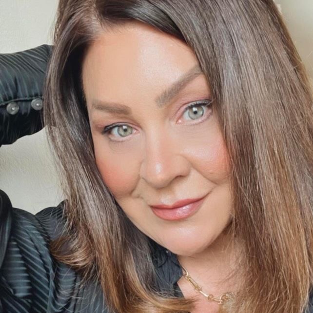 Smiling selfie collage showing long brown hair and bright blue eyes in various poses and angles.
