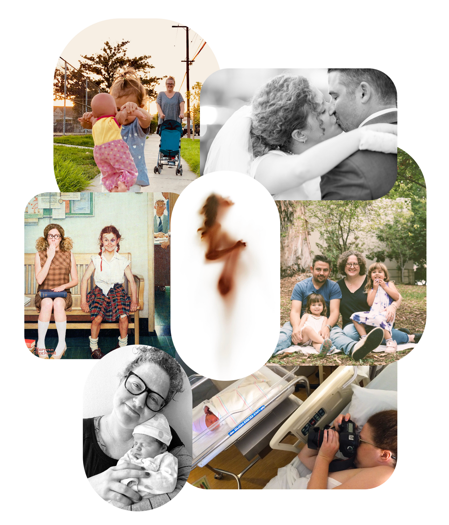 Photo collage featuring family moments, wedding photos, and candid snapshots.