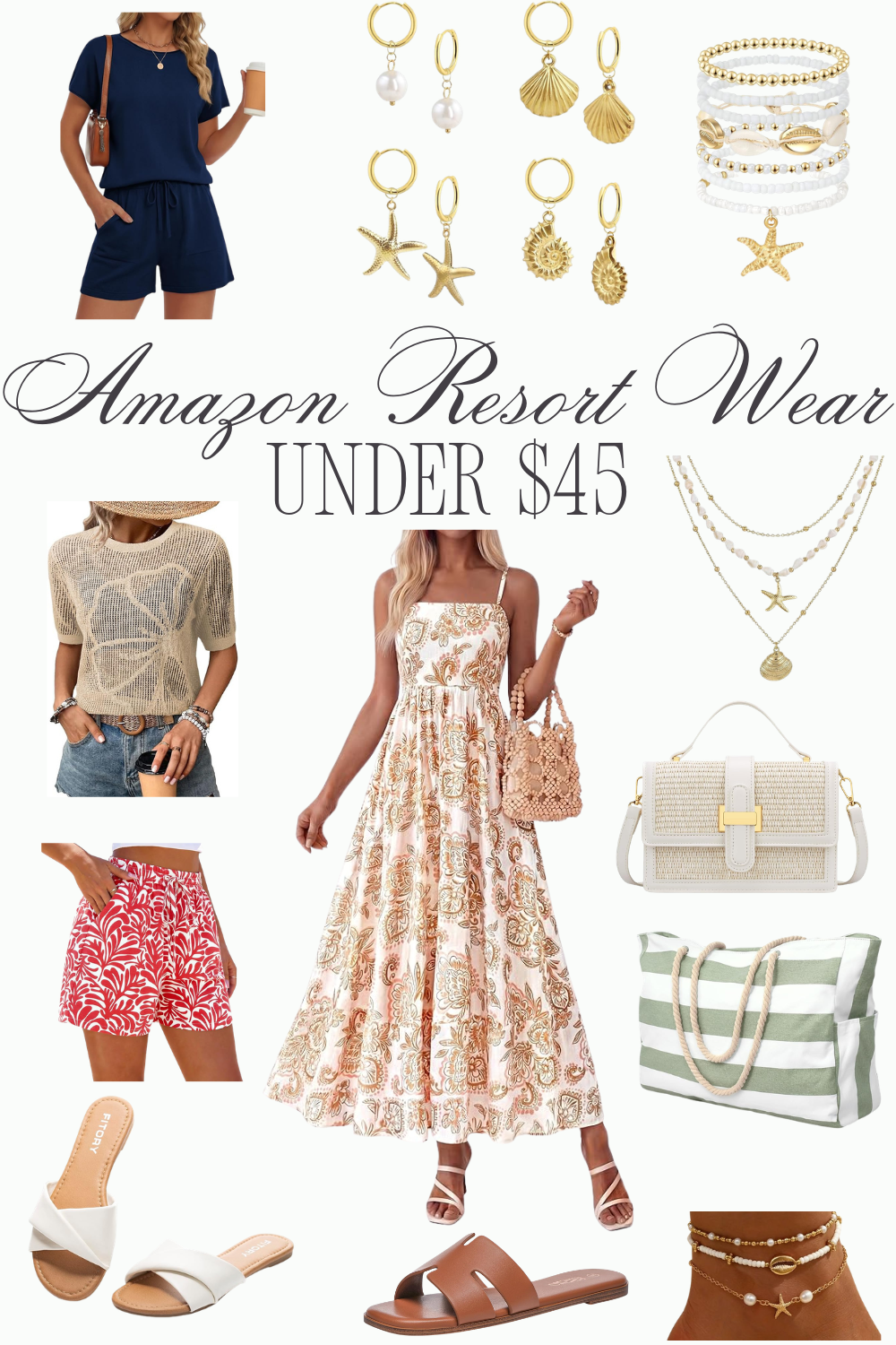 Collage of summer fashion items including floral dresses, sandals, jewelry, and handbags in neutral and pink tones.