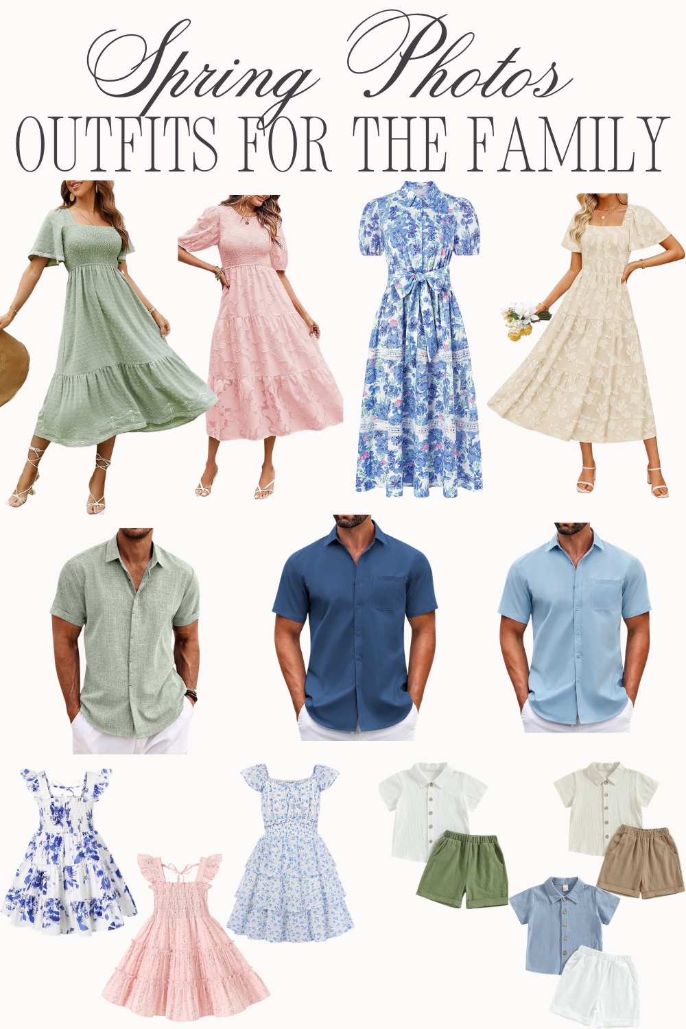 Spring family photo outfits in pastel colors featuring dresses and shirts in blue, pink, and sage green tones.