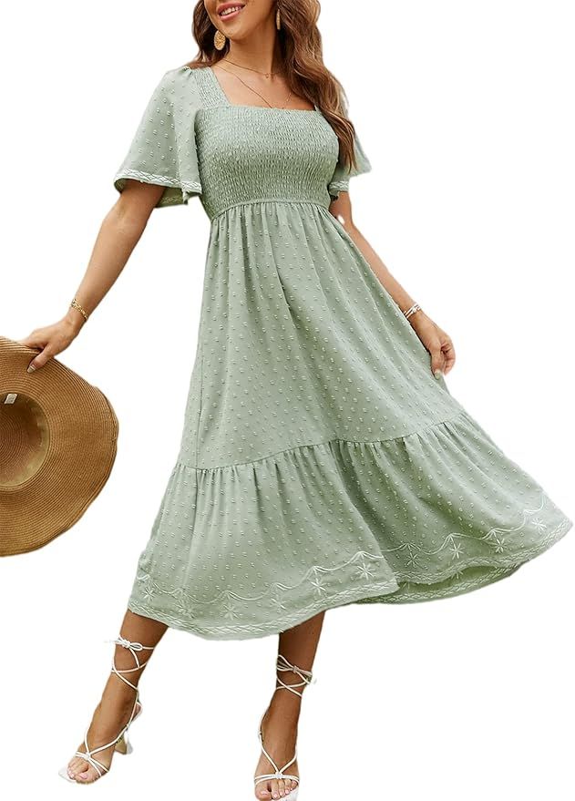 Sage green smocked babydoll dress with short puff sleeves and tiered skirt shown from multiple angles.