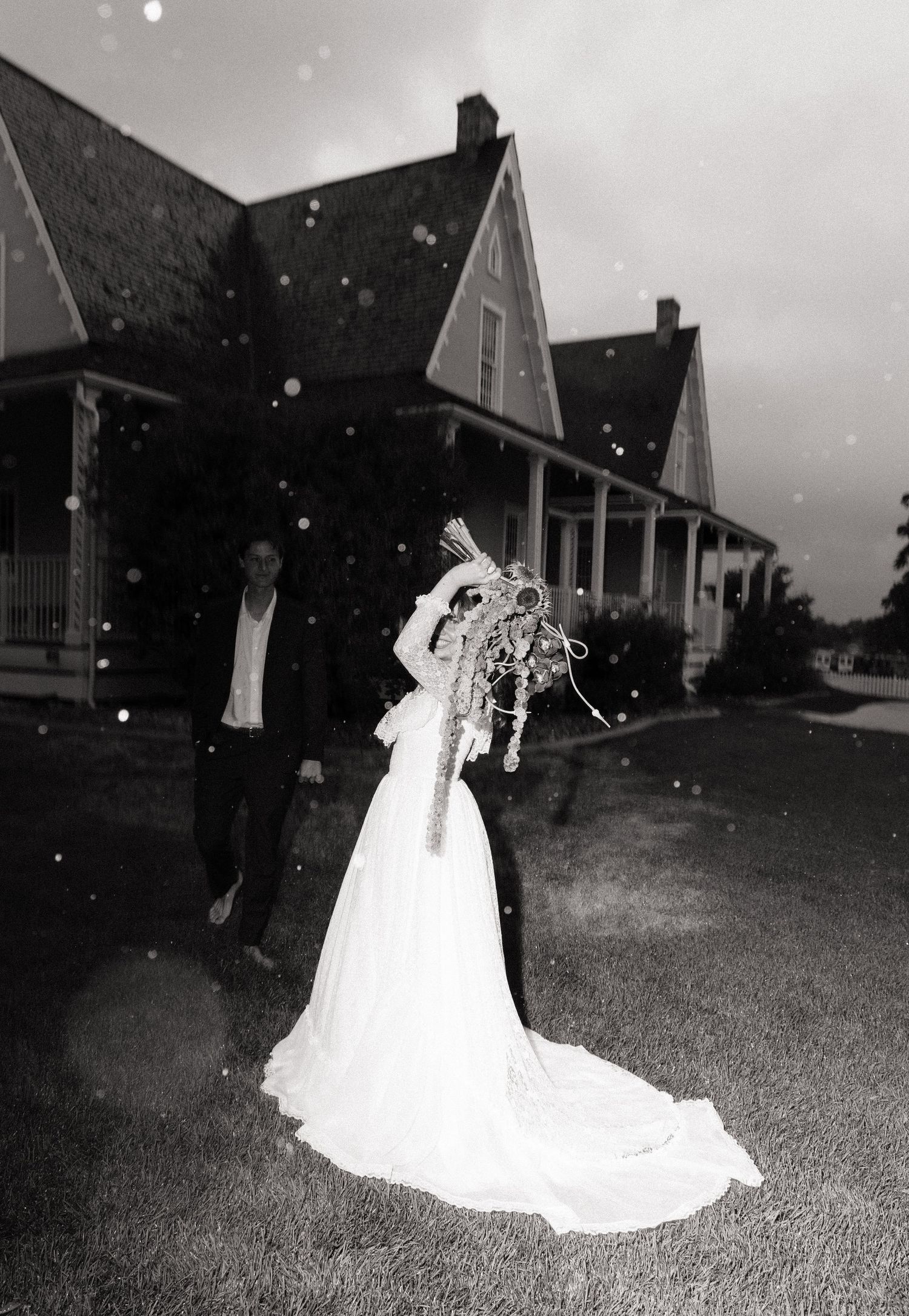 Black and white bridal portrait outside a Utah wedding venue.