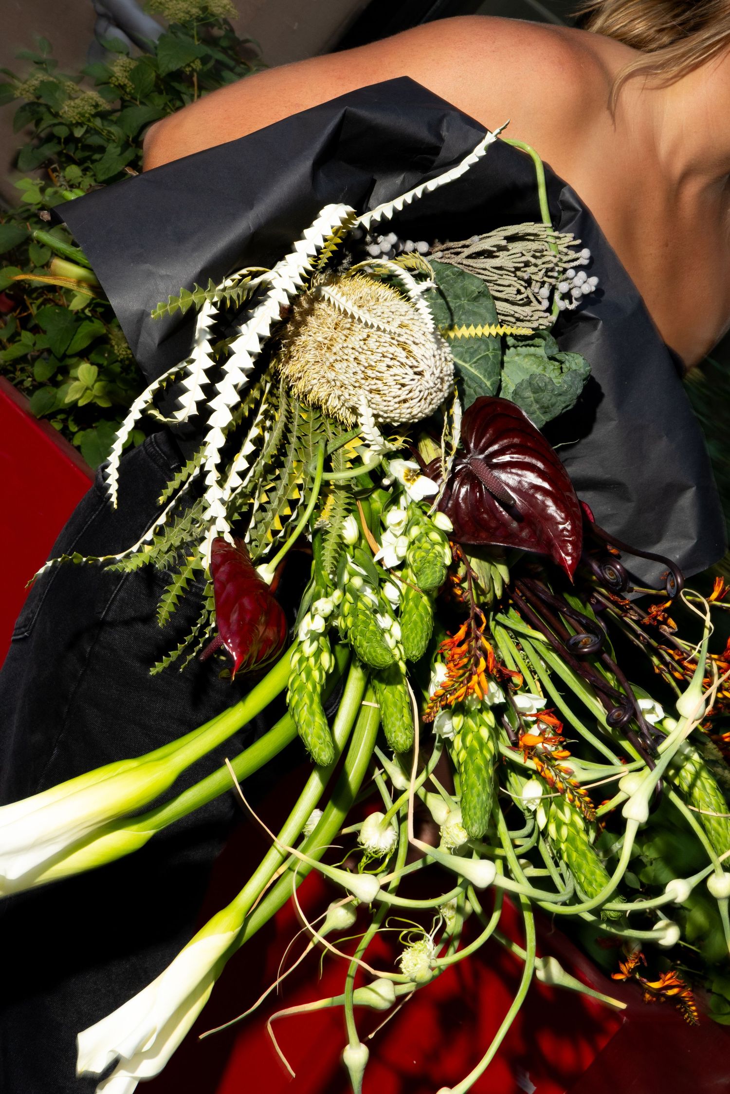 Editorial floral bouquet with sculptural flowers, photographed on film in Salt Lake City, Utah