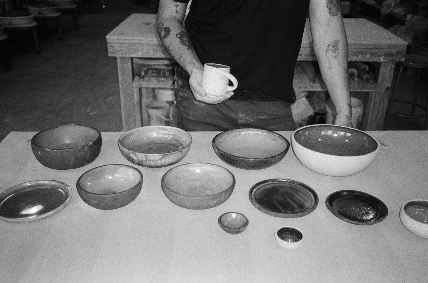 Black and white film photograph of handmade ceramics in Salt Lake City, Utah.
