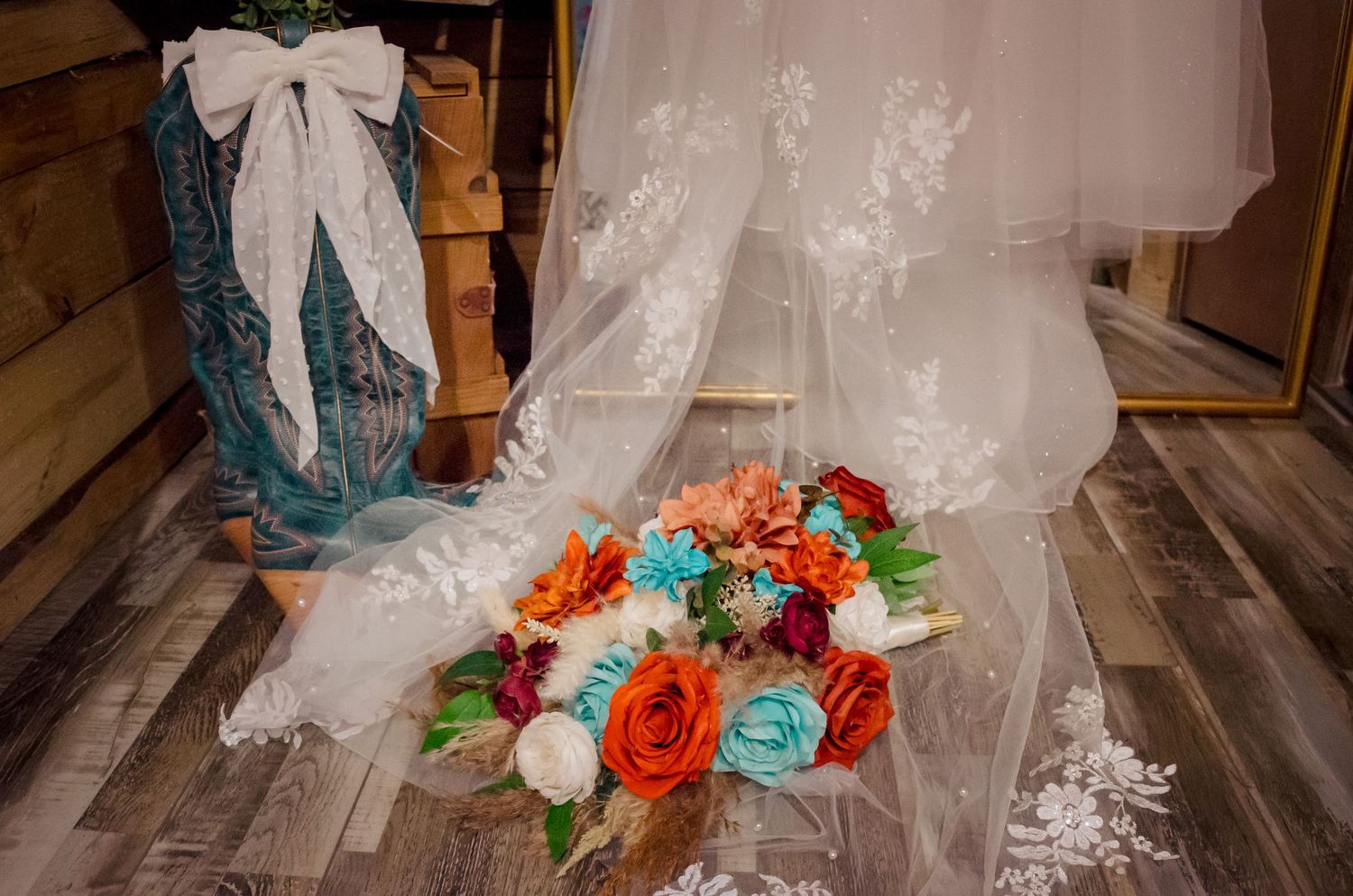Bridal bouquet and boots
