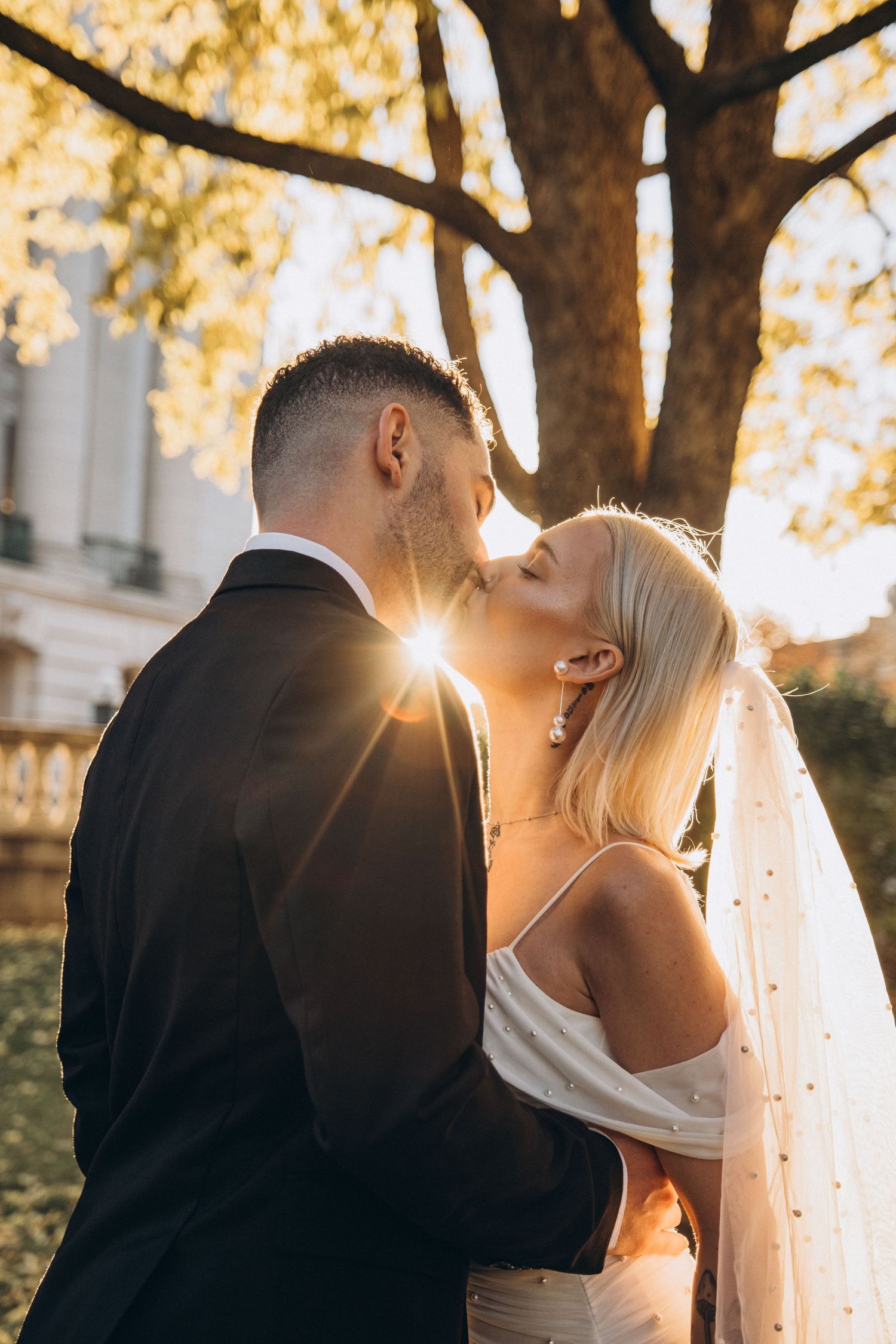 Bride and groom sharing a golden sunset kiss beneath a large tree outdoors.