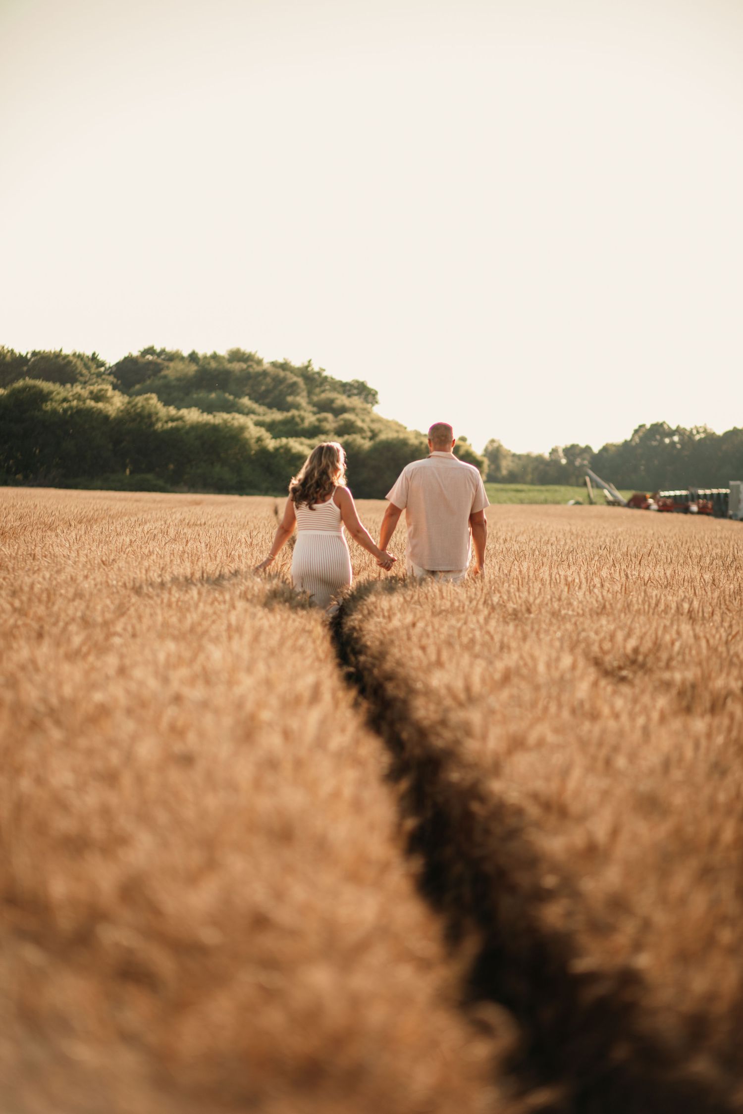 Couple holds hands walking through golden wheat field at sunset, trees visible on horizon.