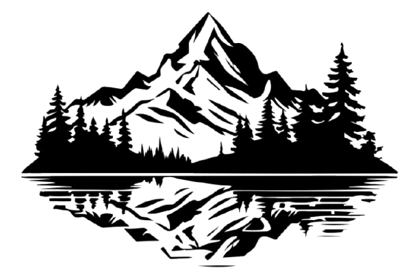 Black and white vector illustration of mountain landscape with pine trees reflecting on calm lake water.
