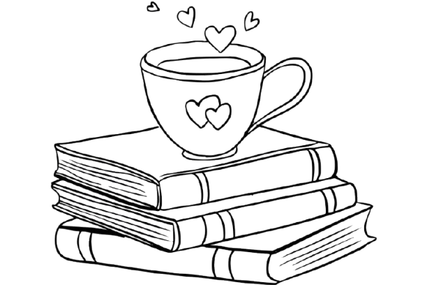 Line art drawing of a steaming tea cup with hearts on stacked books, perfect for book lovers coloring page.