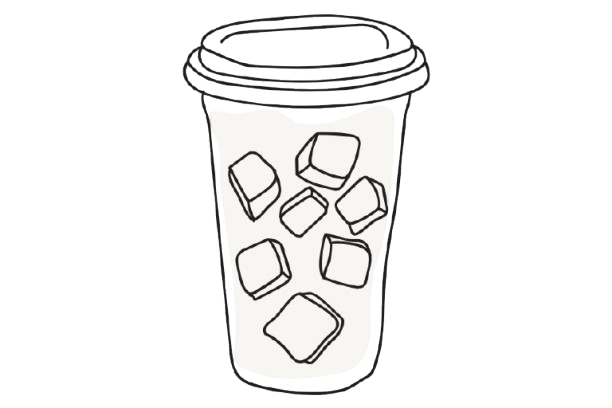 Line drawing of a disposable cup with lid filled with ice cubes, perfect for iced coffee or cold drinks.