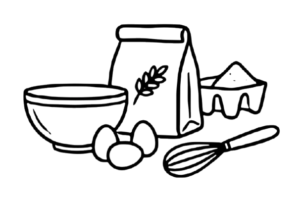 Black and white illustration of baking ingredients including a mixing bowl, eggs, flour bag, egg carton, and whisk.