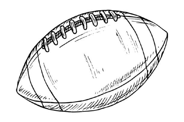 Black and white sketch illustration of an American football with laces and cross-hatching detail on white background.
