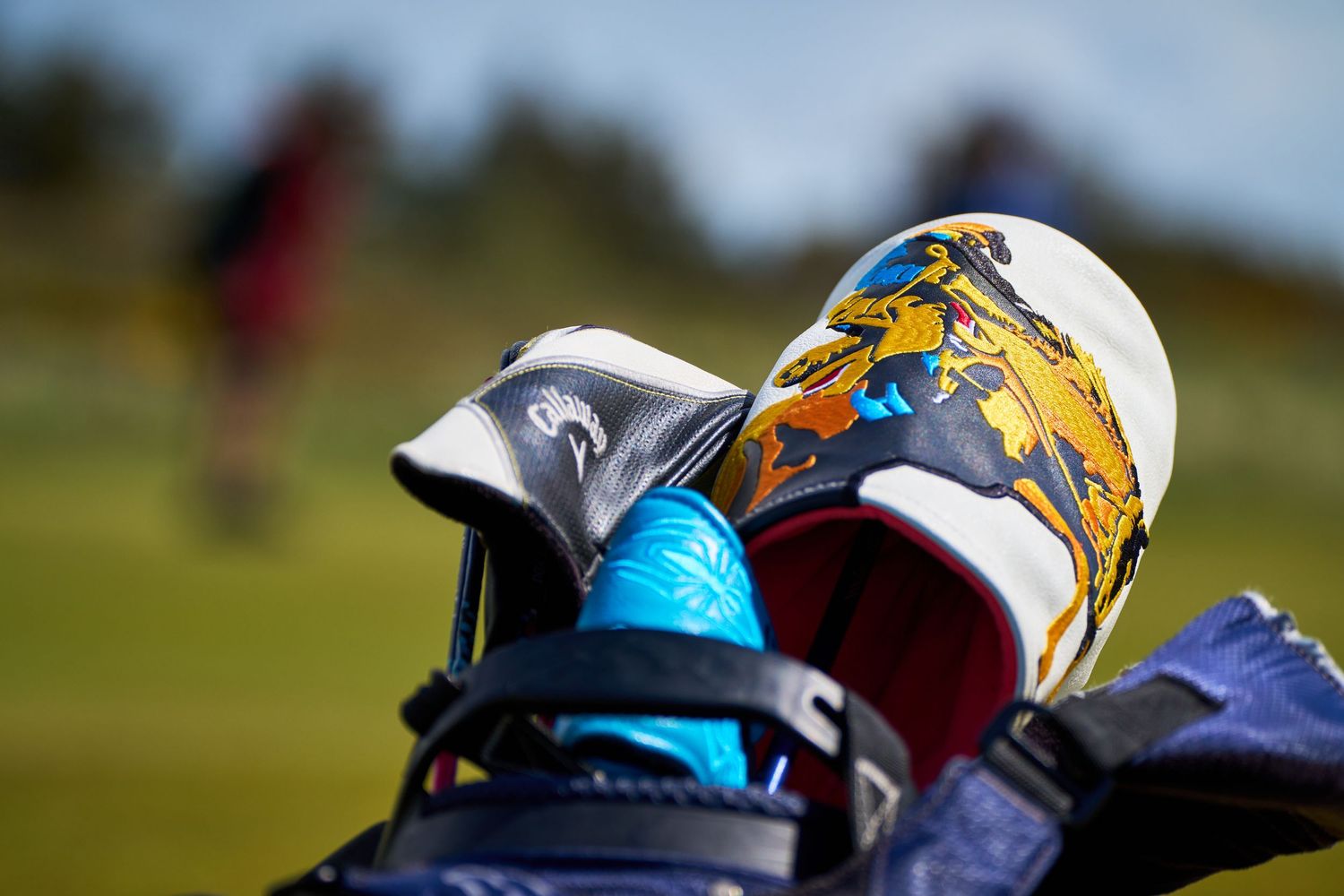 Colorful patterned golf club headcovers in a golf bag with a player visible in the background.