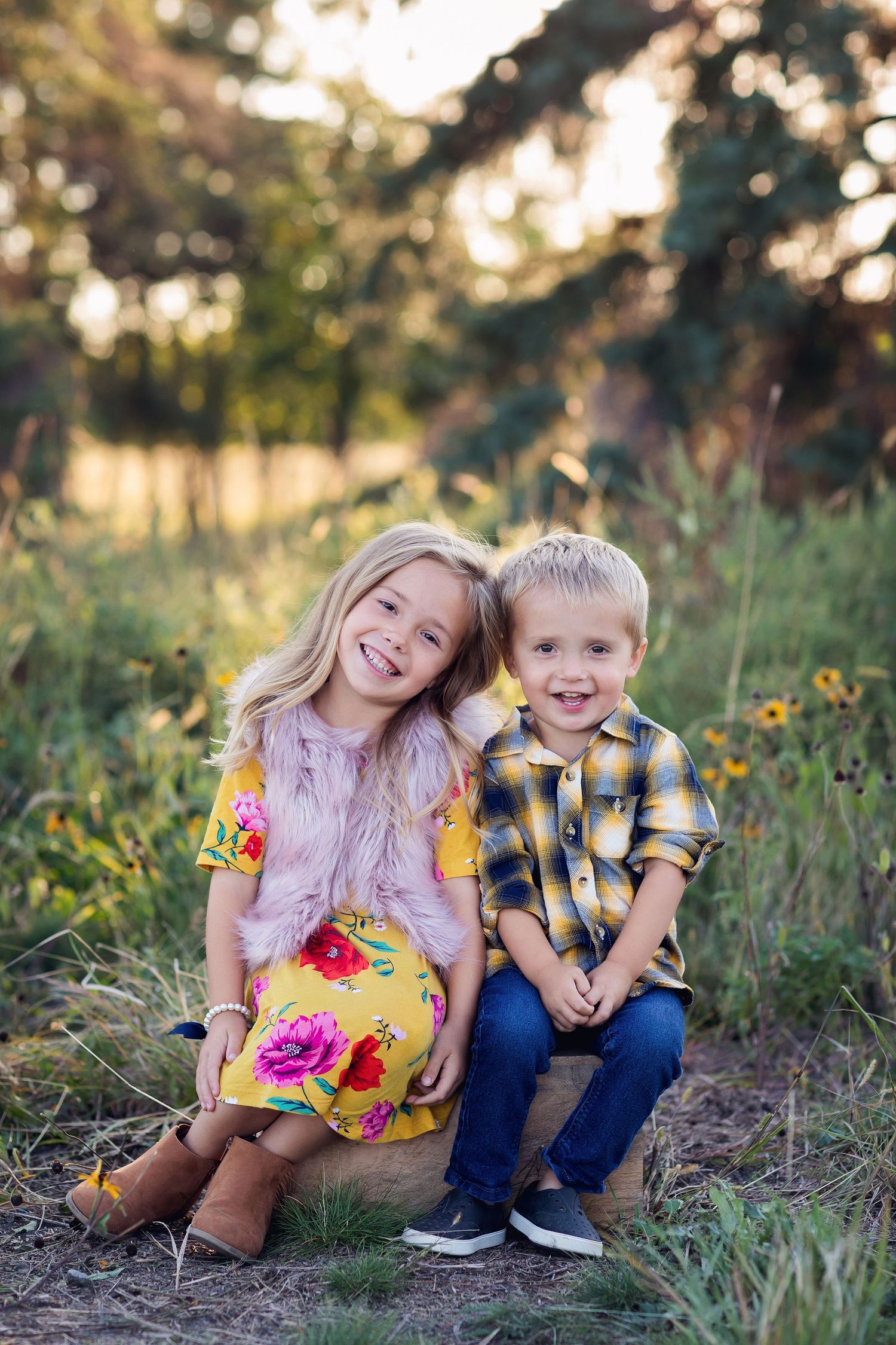 Two children sit together outdoors in a sunlit meadow with tall grass and wildflowers at sunset.