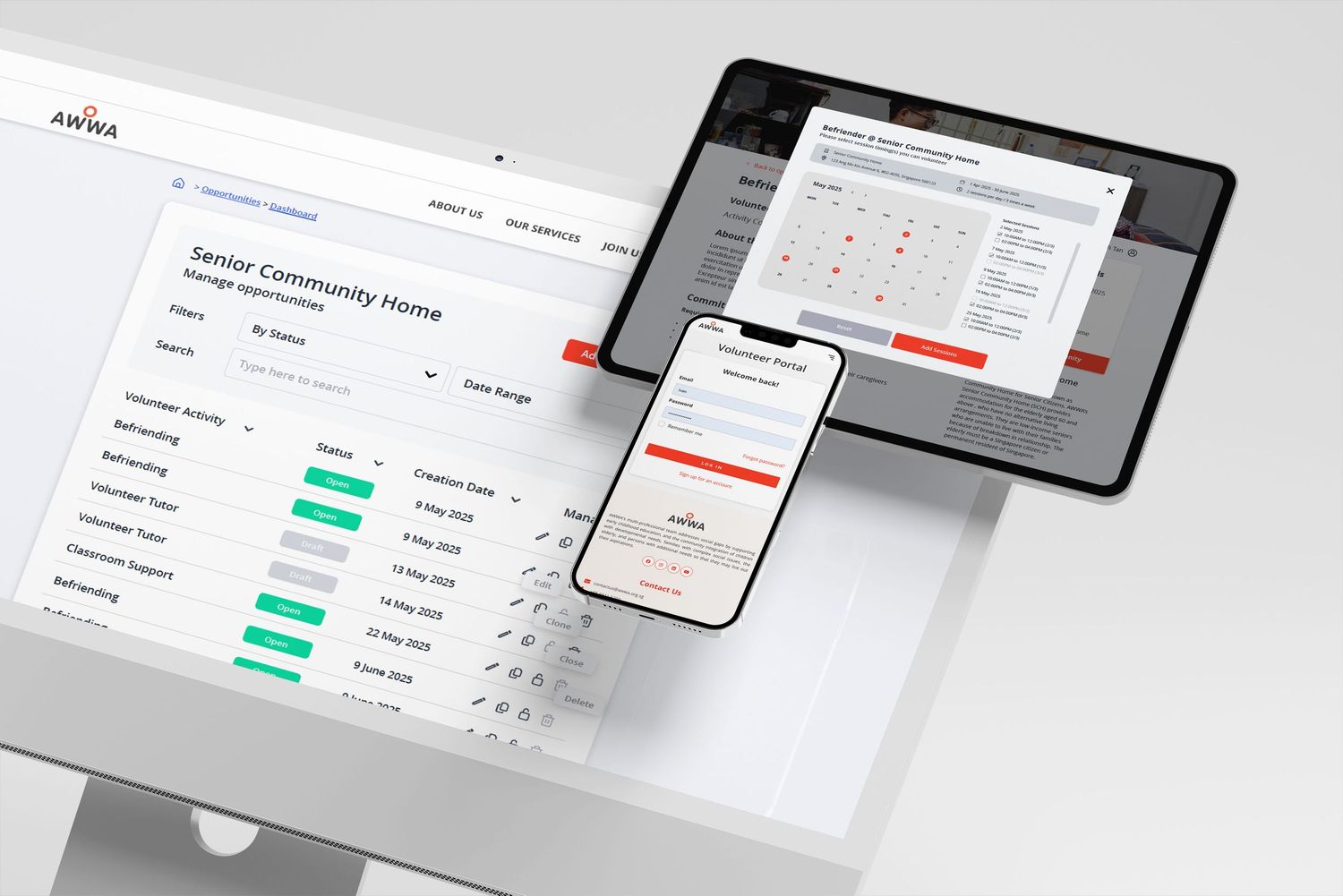 PixelMusica Application, Web Design and Development services for Non-profit and charity organization - AWWA Volunteer Management System