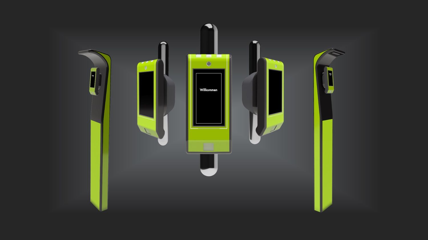 Three views of a modern lime green and black electric vehicle charging station on a dark background.