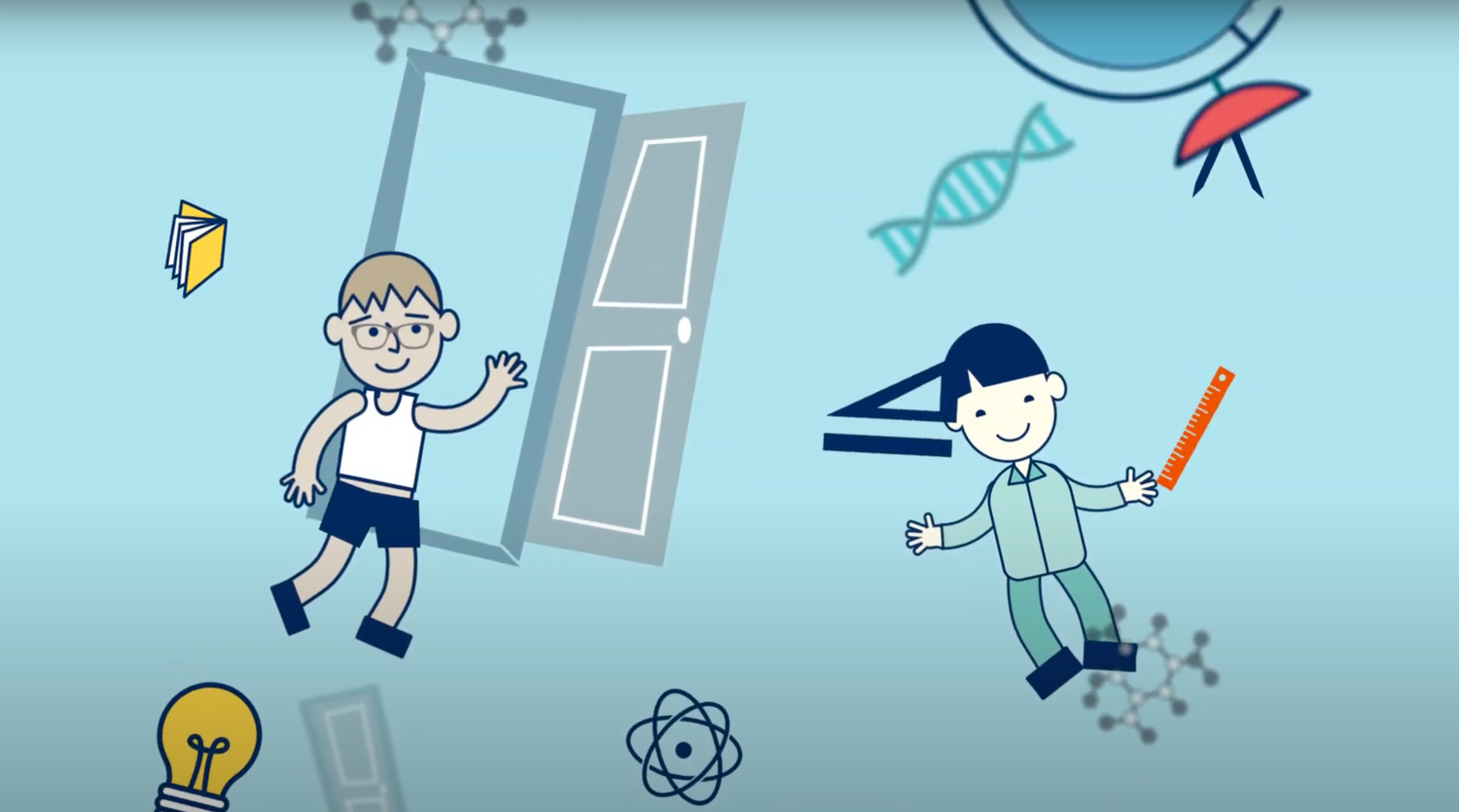 Animated illustration with stick figures and icons on light blue background.