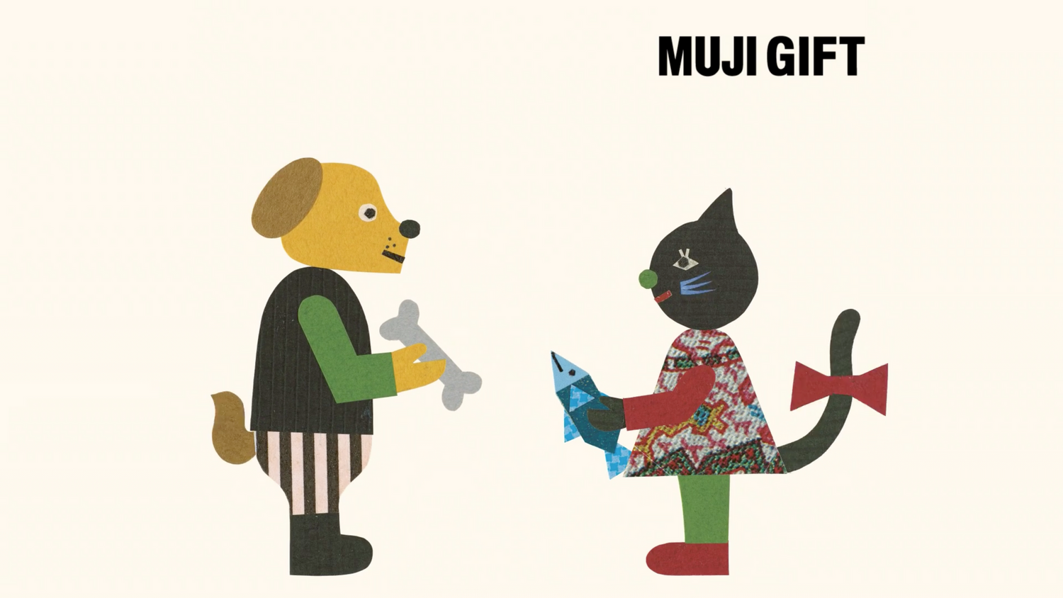 Minimalist illustration of cartoon animals in a gift shop setting.