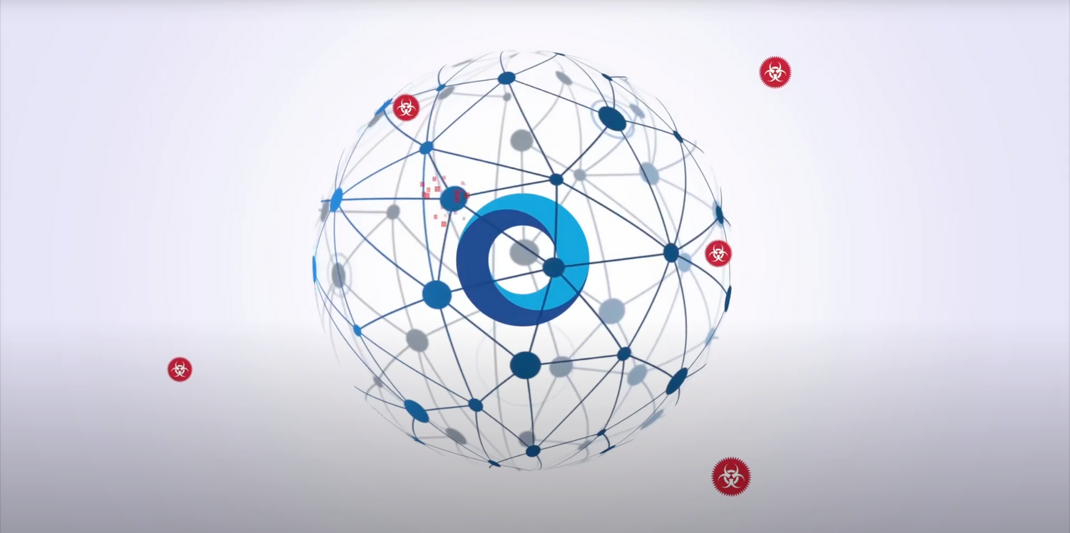 Network of connected blue dots and lines forming a digital web pattern.