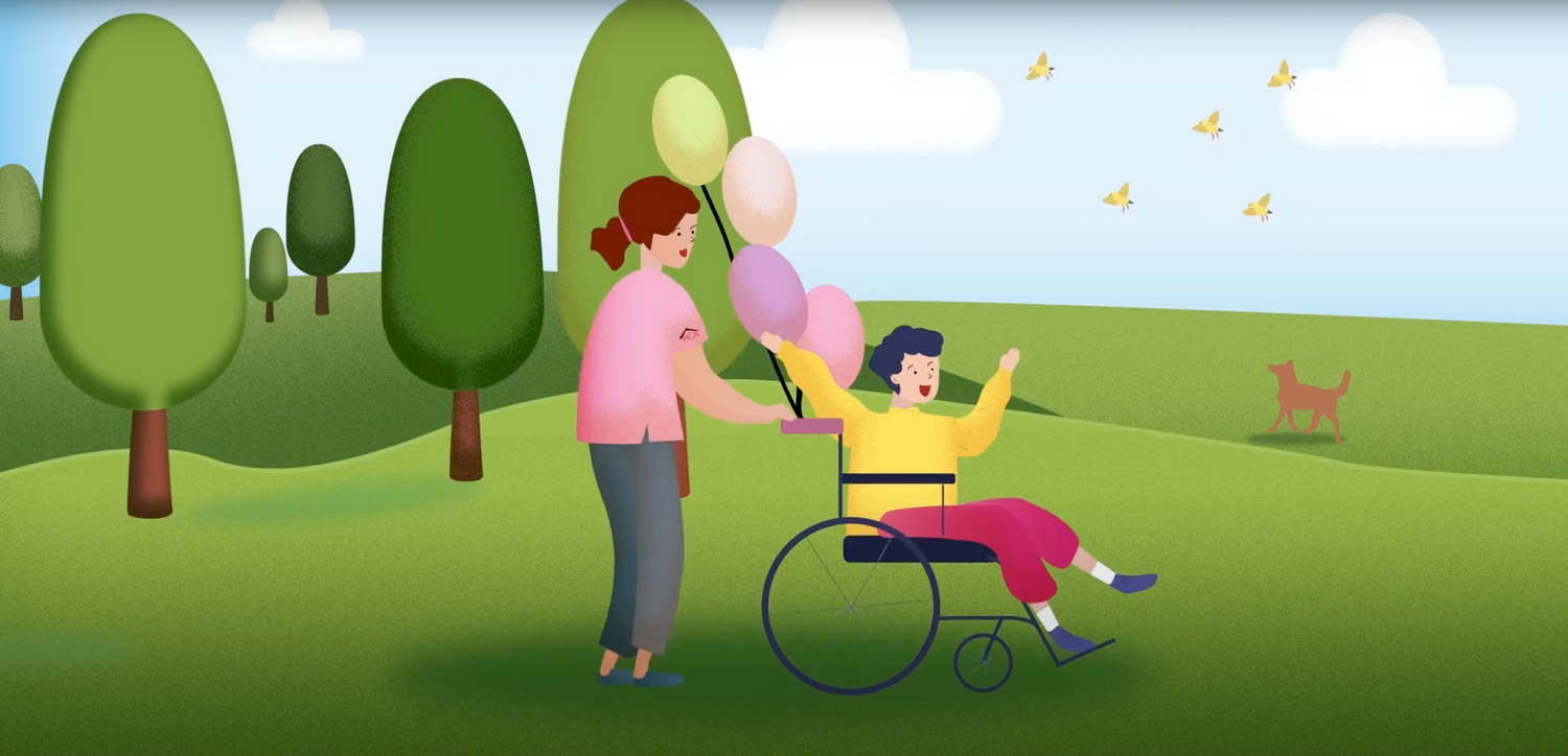 Cartoon illustration of people enjoying outdoor activities in a green park.