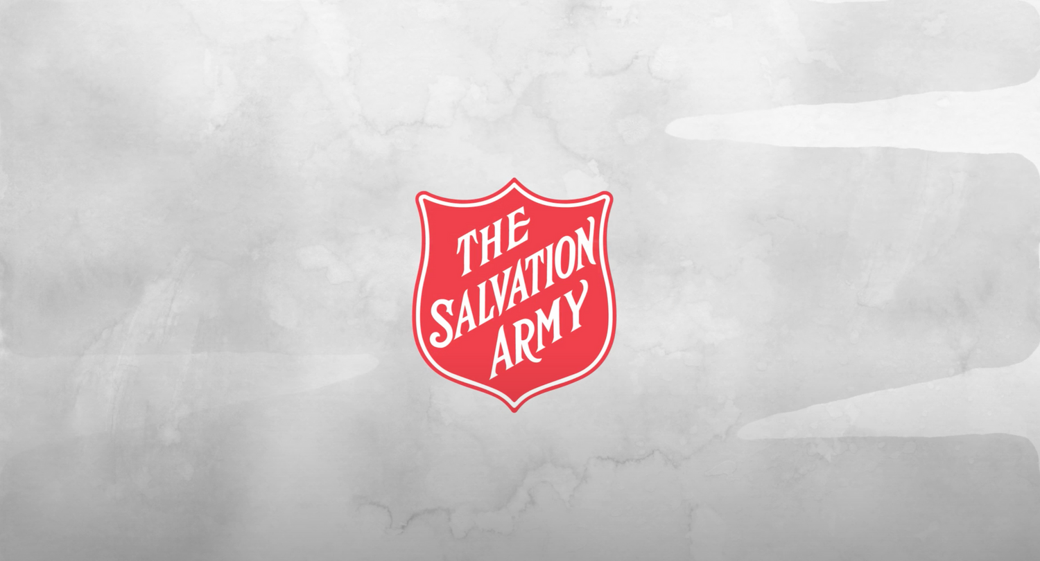 Row of Salvation Army logos and branding elements on a gray background.