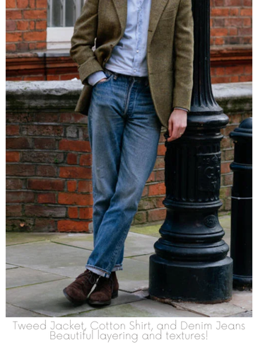 Man's outfit: tweed jacket, cotton shirt, and denim jeans that showcases layering and texture. Doughman Photography