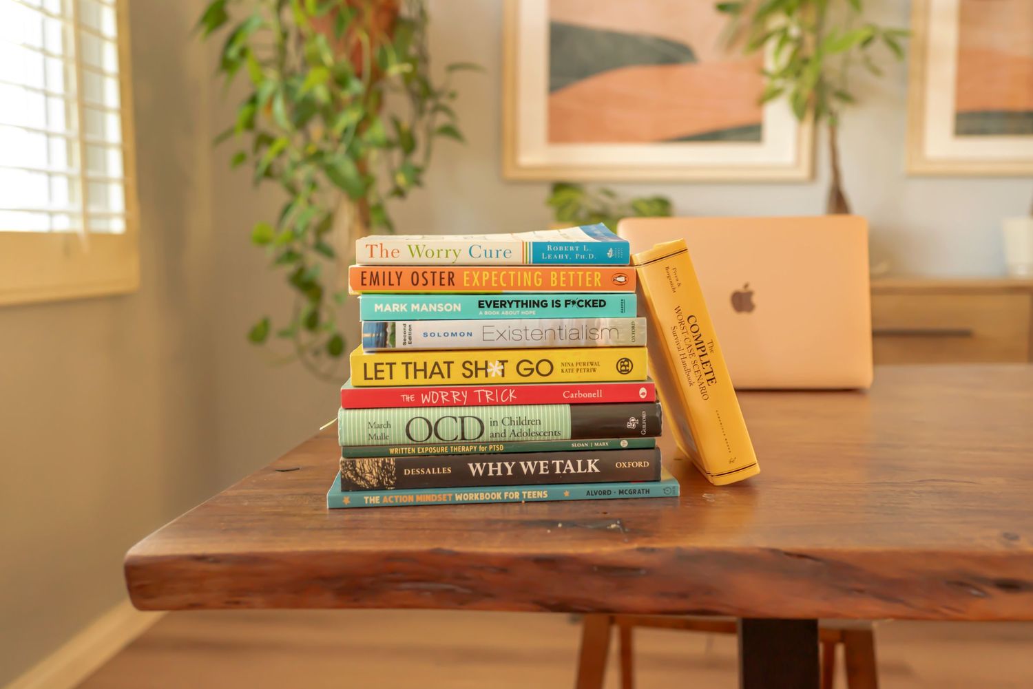 Stack of books related to psychology on desk. Rose colored laptop in background. In-Home Branding Session. Doughman Photography.