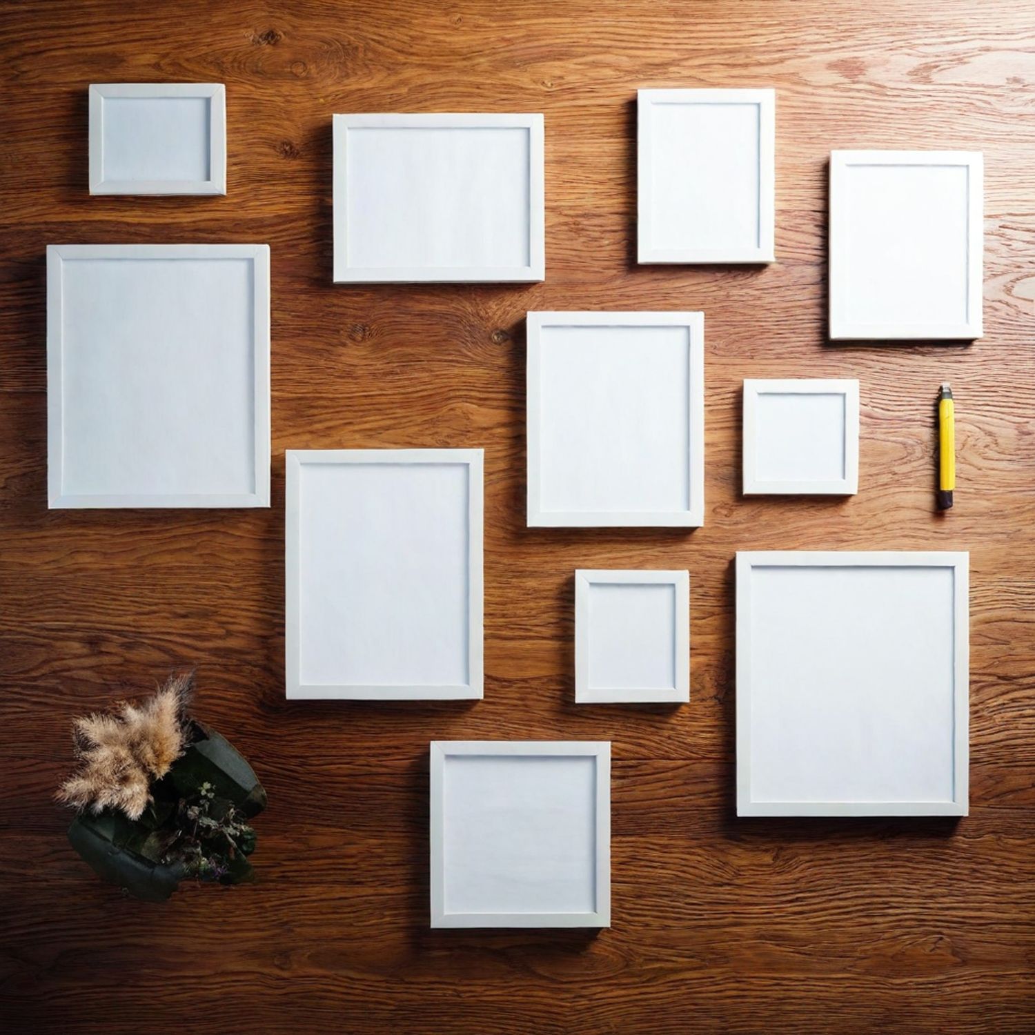 Flat lay of several white photo frames of various sizes and orientations. Planning a Gallery Wall. Doughman Photography.