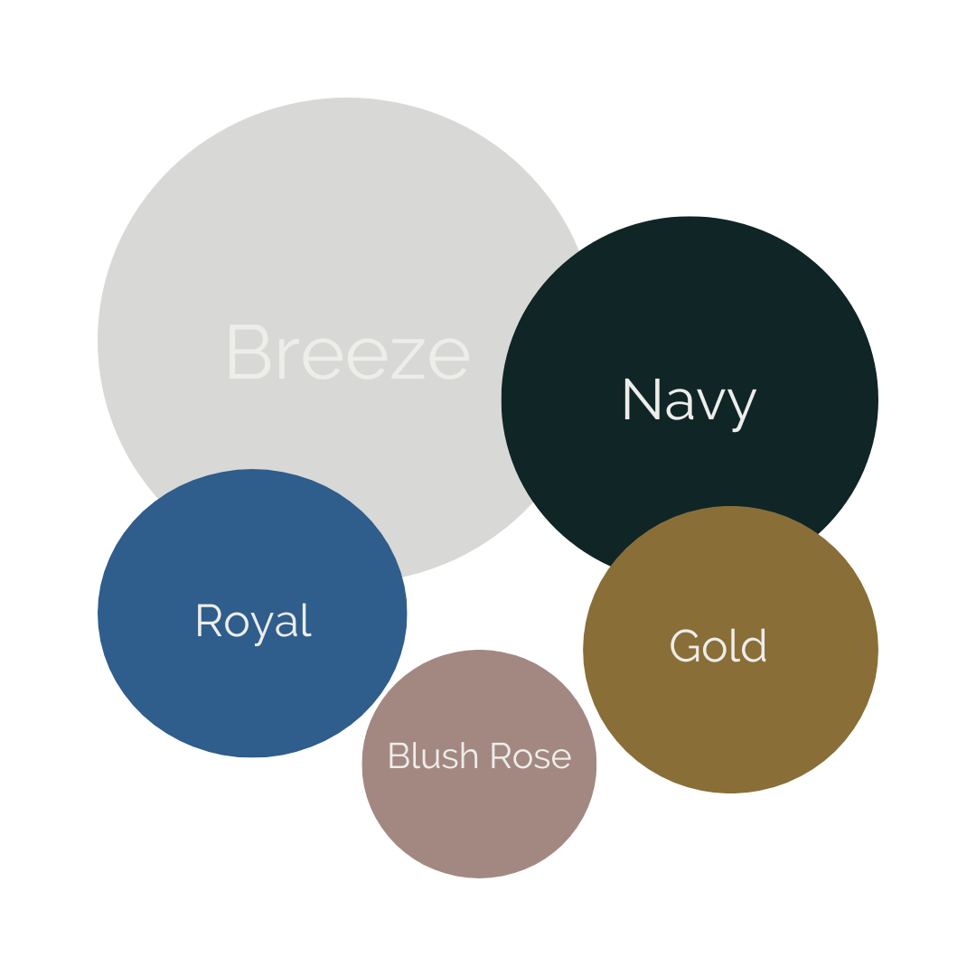 Dark and Emotive color palette 3: circles of grey breeze, navy, gold, royal, and blush rose. Doughman Photography