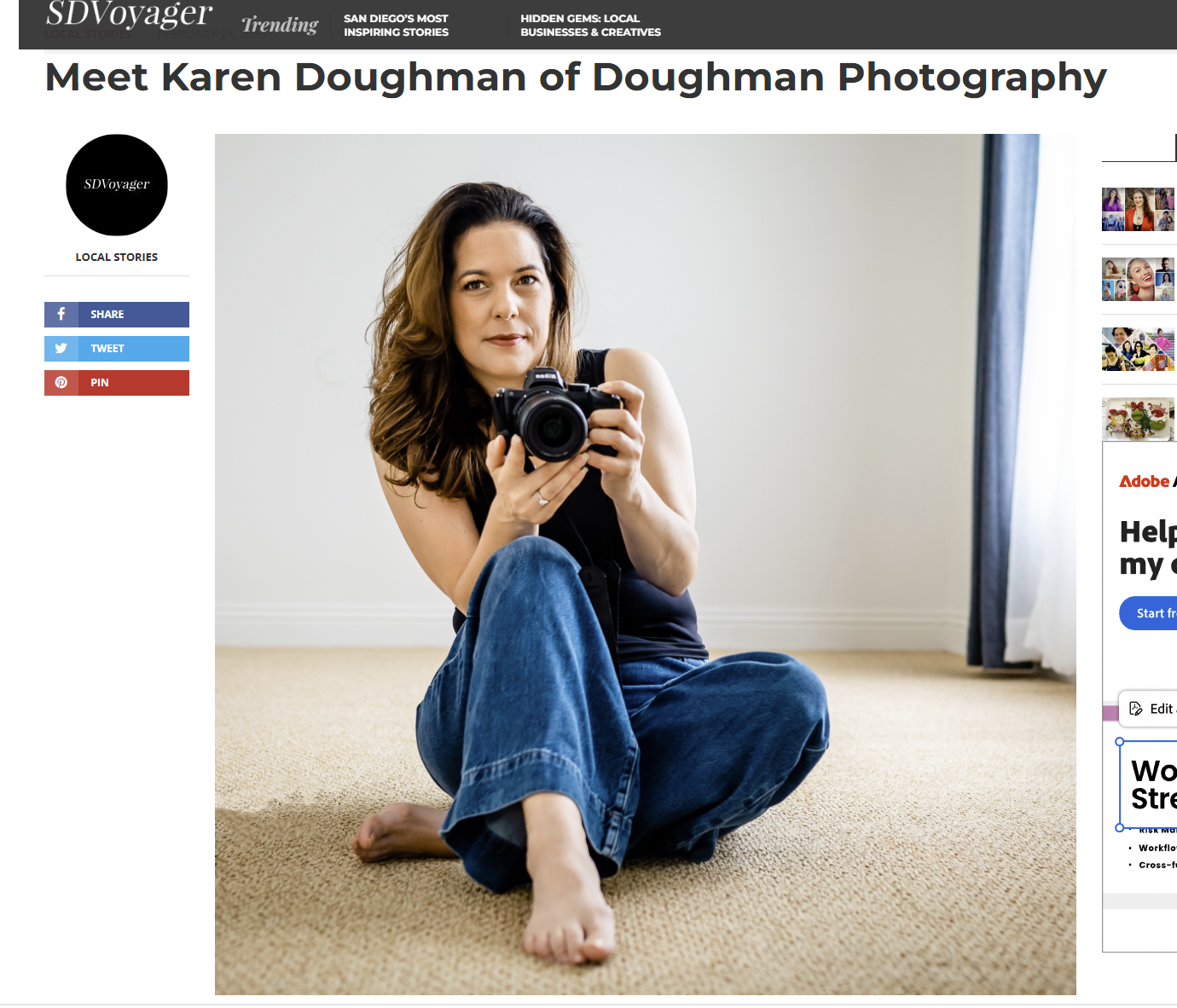 Self-portrait of Karen Doughman featured in a SD Voyager Article about Doughman Photography. About Me Image.