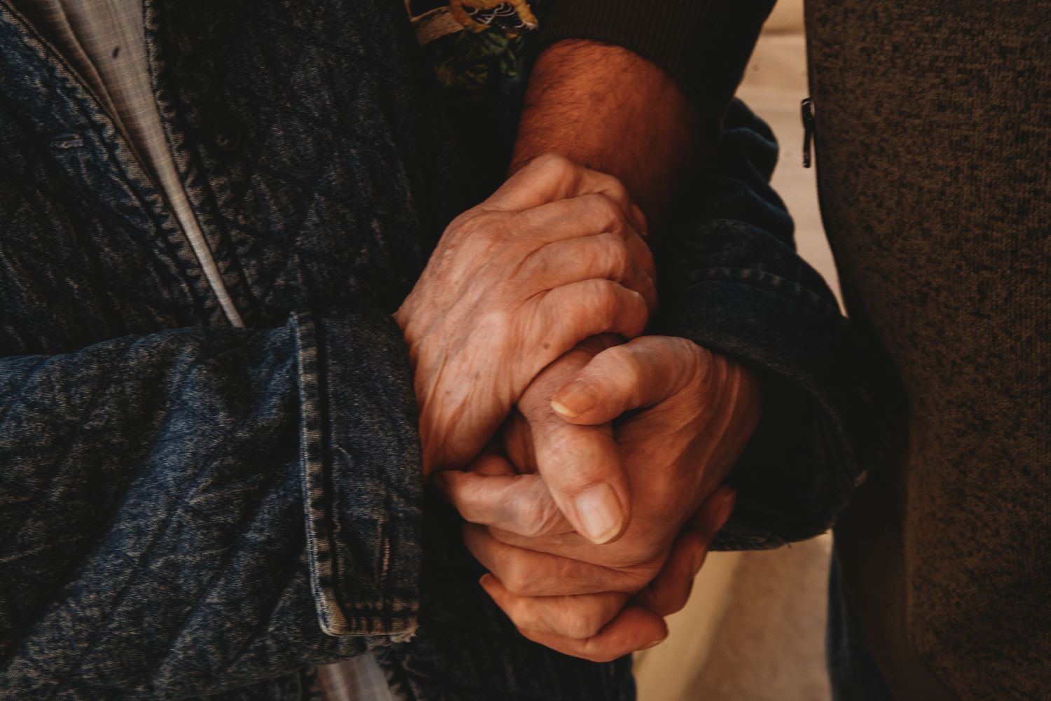 Close up of grandma's wrinkled hands holding her adult son's hand. About Me Image. Doughman Photography.