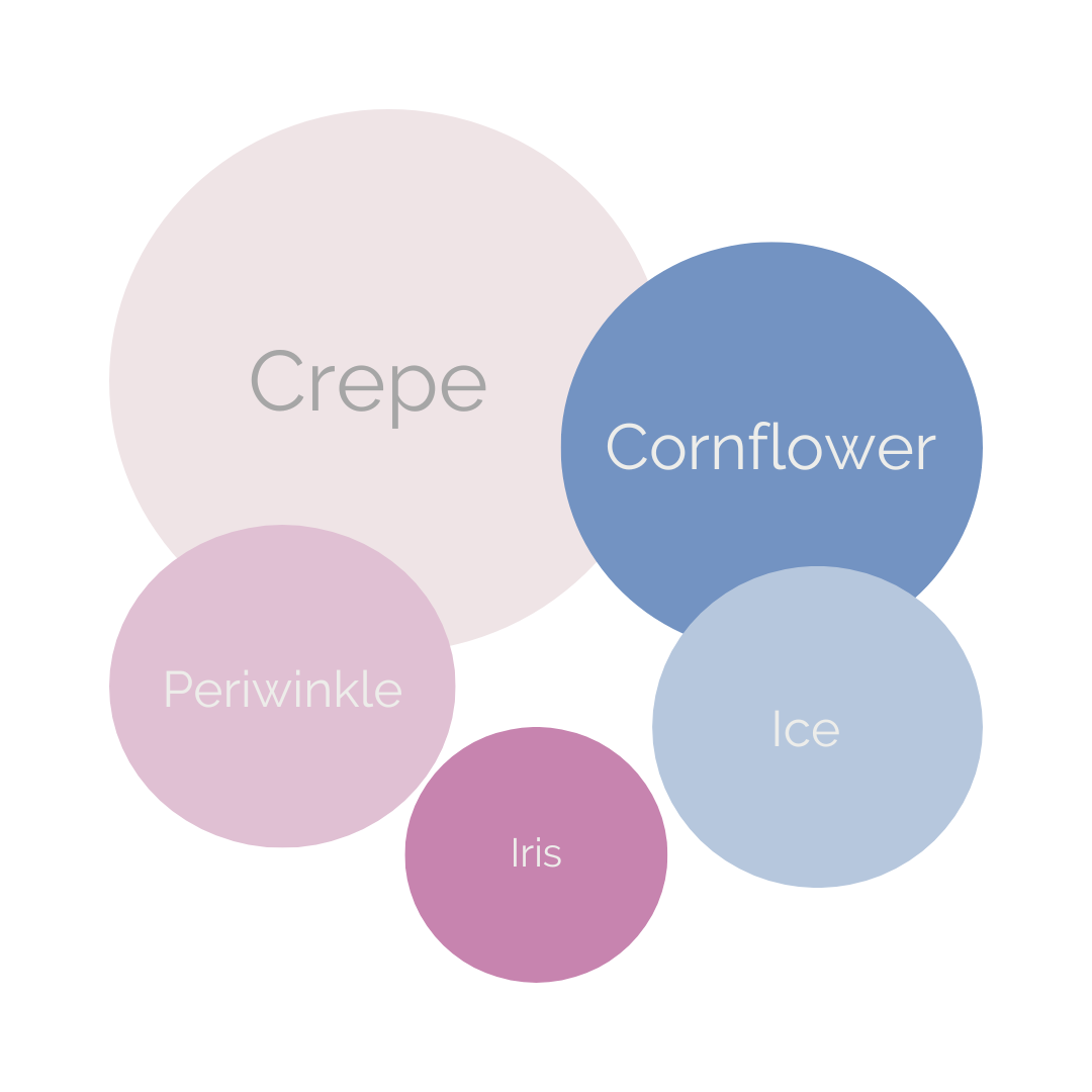 Light and Airy color palette 1: circles of crepe, cornflower, periwinkle, ice, and iris. Doughman Photography